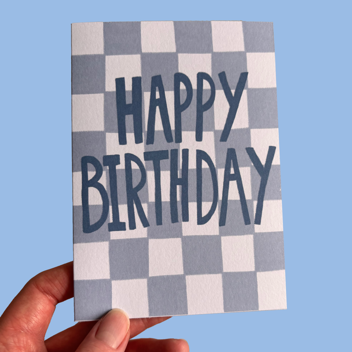 Happy Birthday Card Blue Cheque Pattern