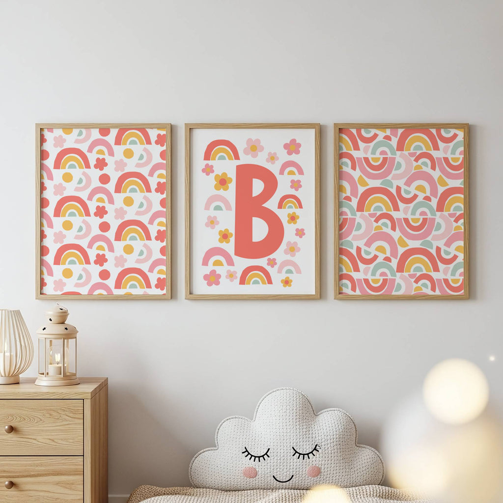 Custom Initial Floral Rainbow Print | Set of 3 Prints