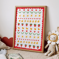 A framed art print featuring a colorful nursery pattern of tulips, strawberries, suns, and ducks, styled on a beige carpet next to a plush lion toy and an open book.