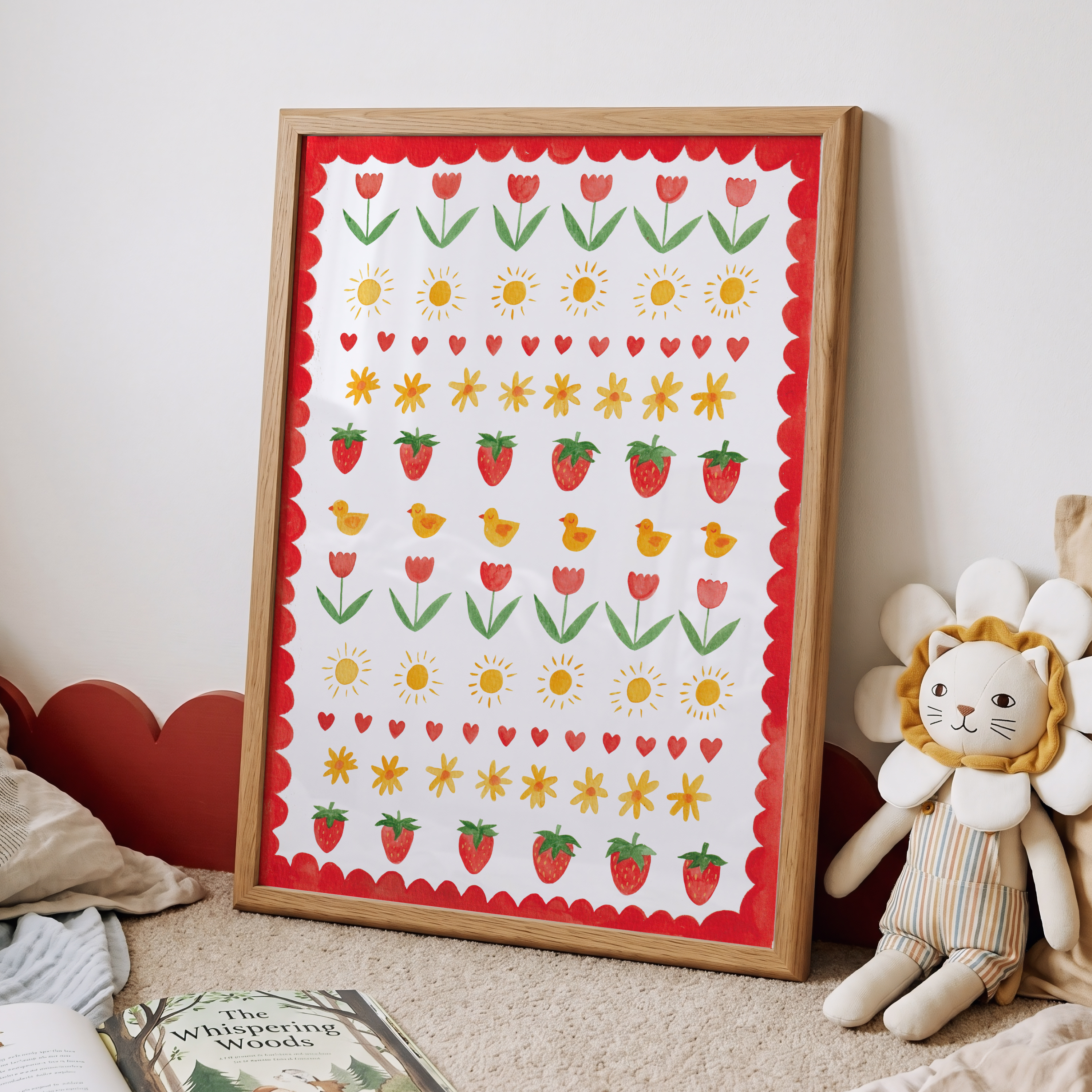 A framed art print featuring a colorful nursery pattern of tulips, strawberries, suns, and ducks, styled on a beige carpet next to a plush lion toy and an open book.