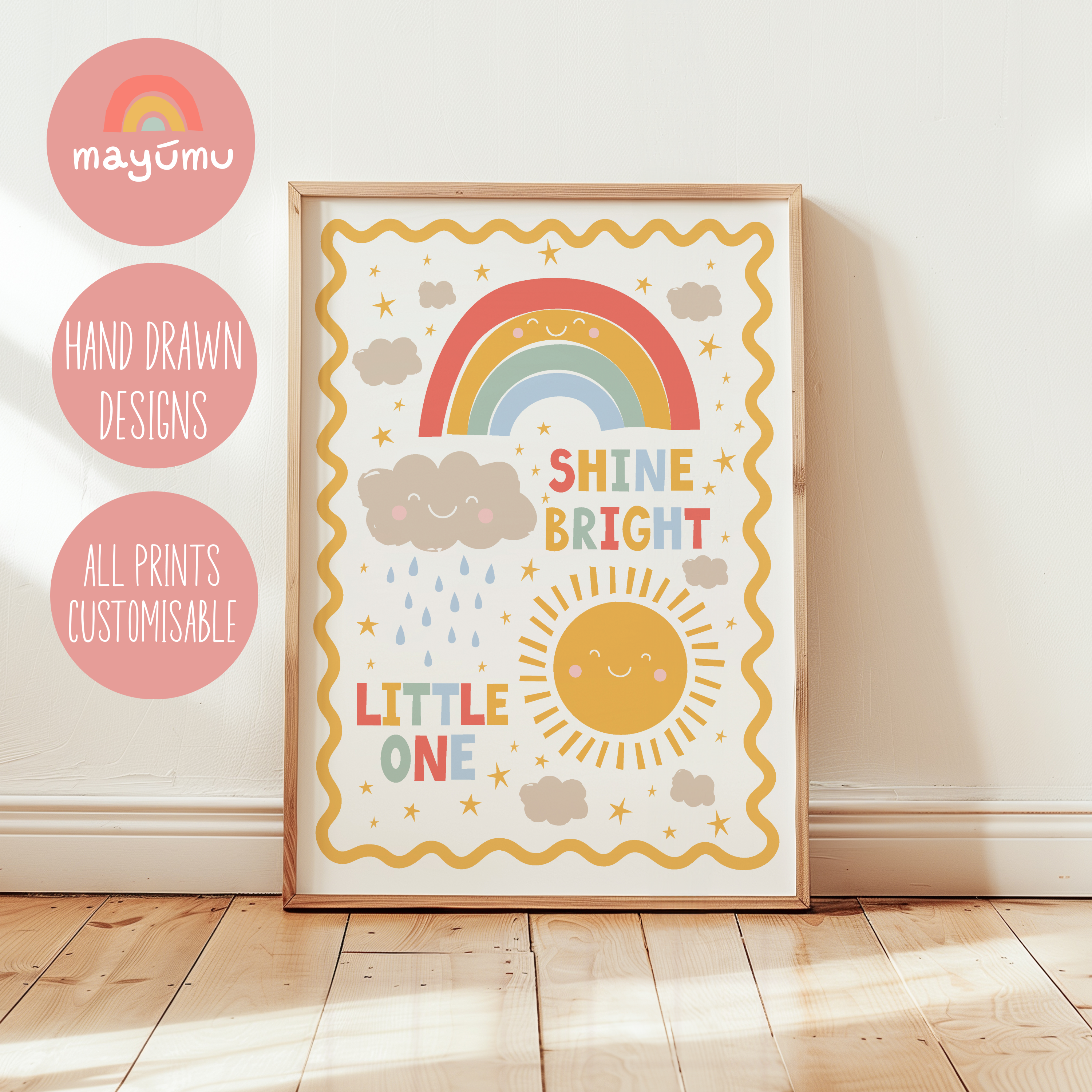 Shine Bright Little One Print | Rainbow and Sunshine Nursery Print