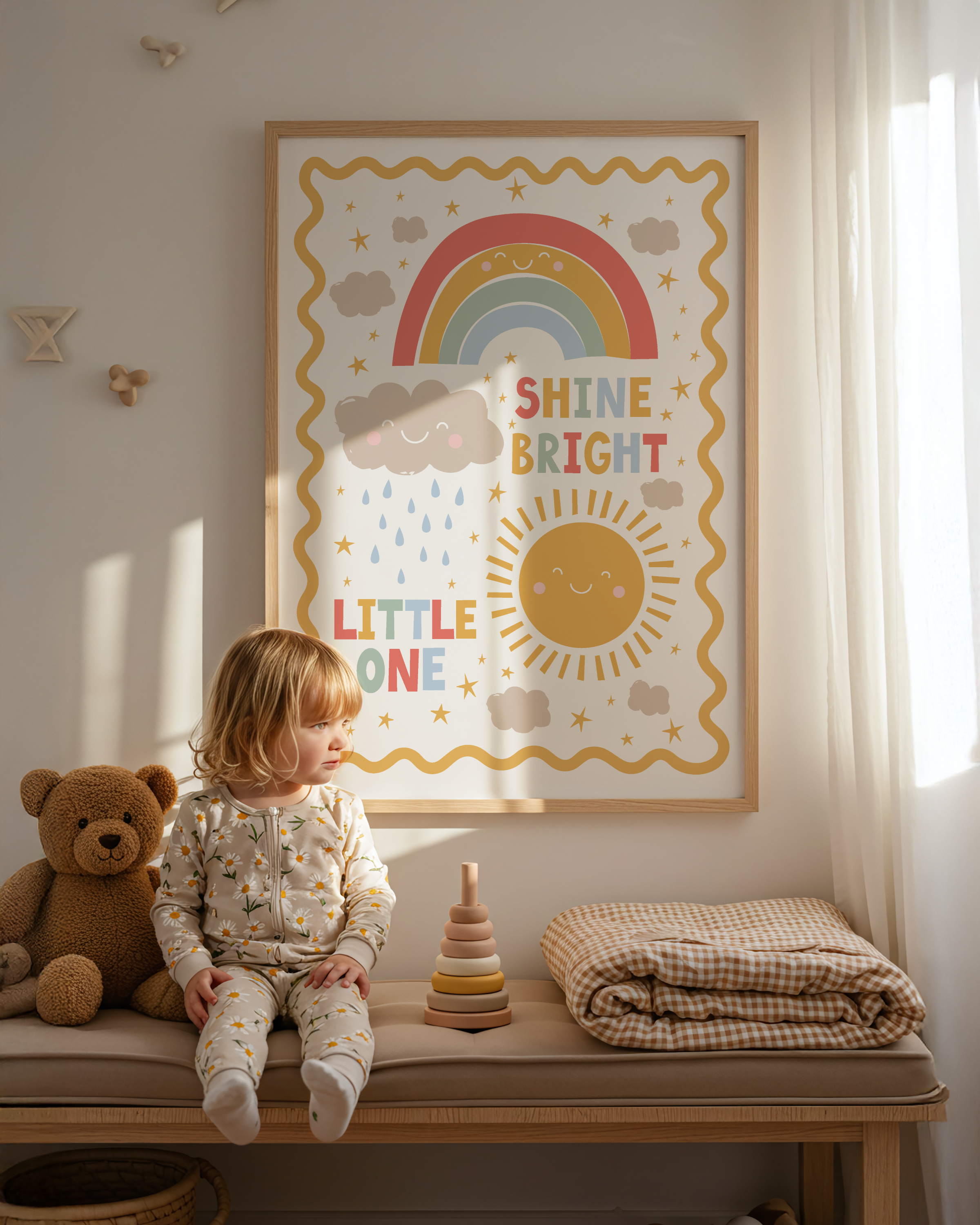 Shine Bright Little One Print | Rainbow and Sunshine Nursery Print