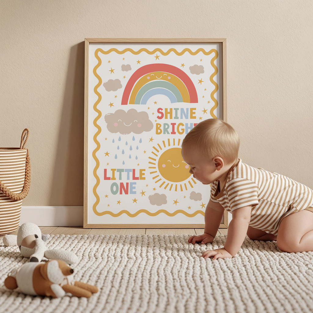 Shine Bright Little One Print | Rainbow and Sunshine Nursery Print