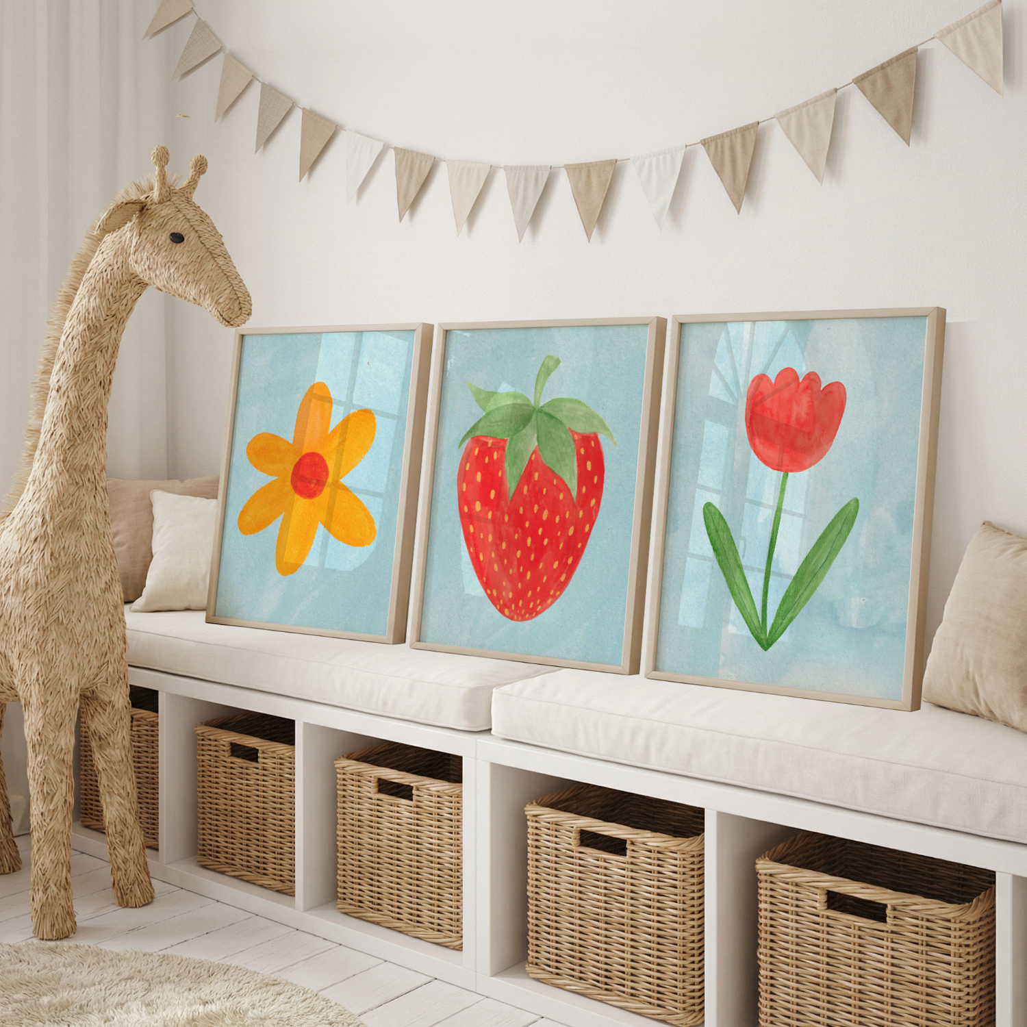 Strawberry Tulip and Daisy Print Set