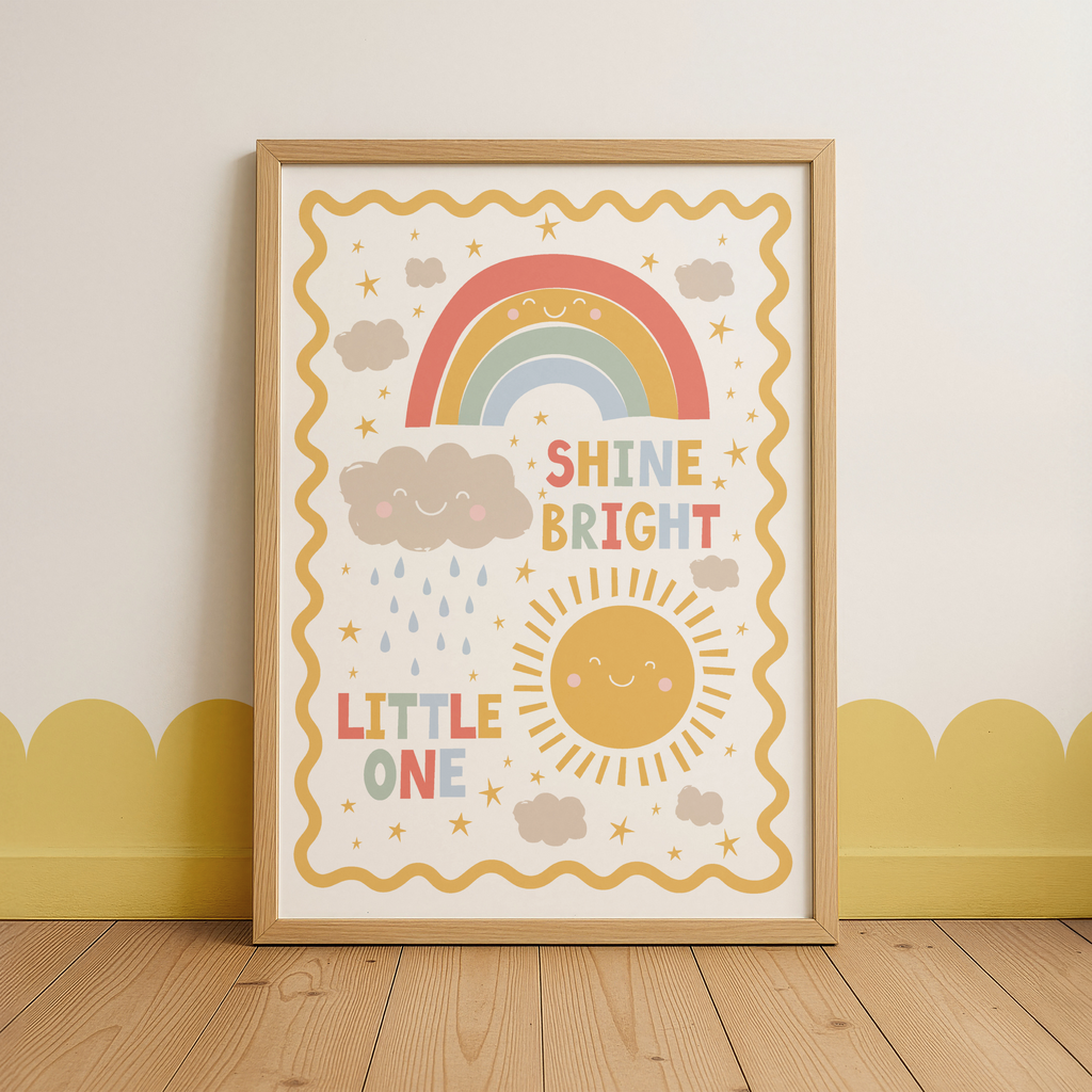Shine Bright Little One Print | Rainbow and Sunshine Nursery Print